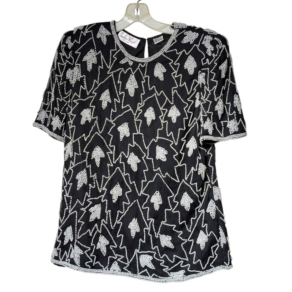 Vtg Laurence Kazar New York Silk Short Sleeve Beaded Evening Cocktail Blouse S